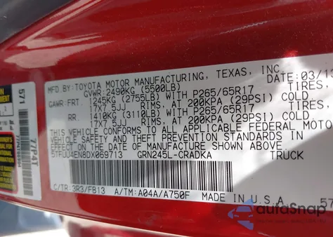 2013 Toyota Tacoma Base V6 z USA, uszkodzony, nr VIN 5TFUU4EN8DX069713